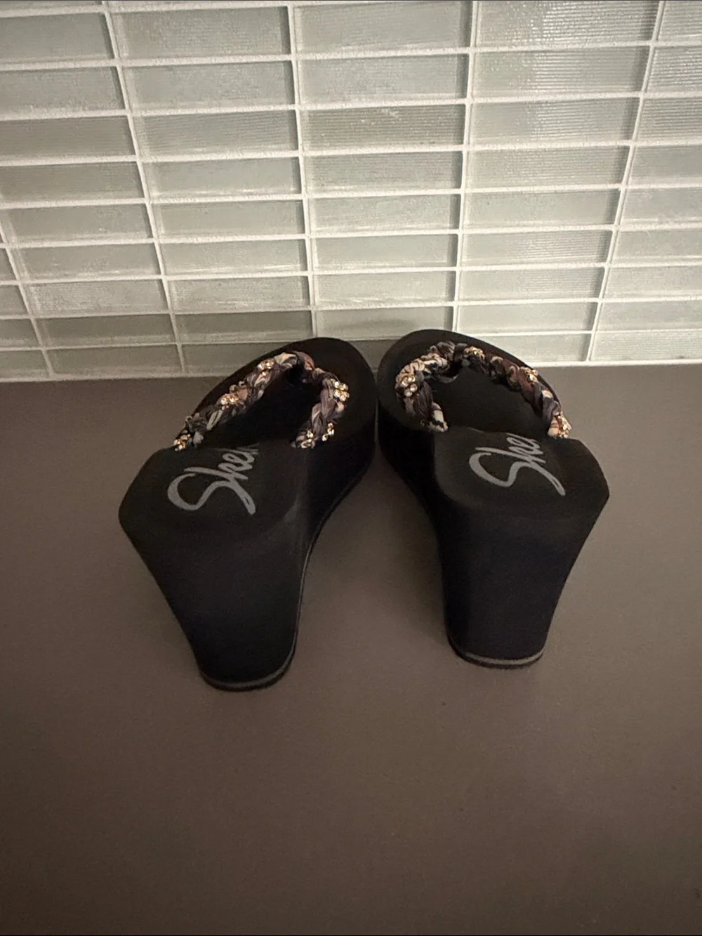 Skechers Black Wedge Sandals with Braided Multi-Color Straps